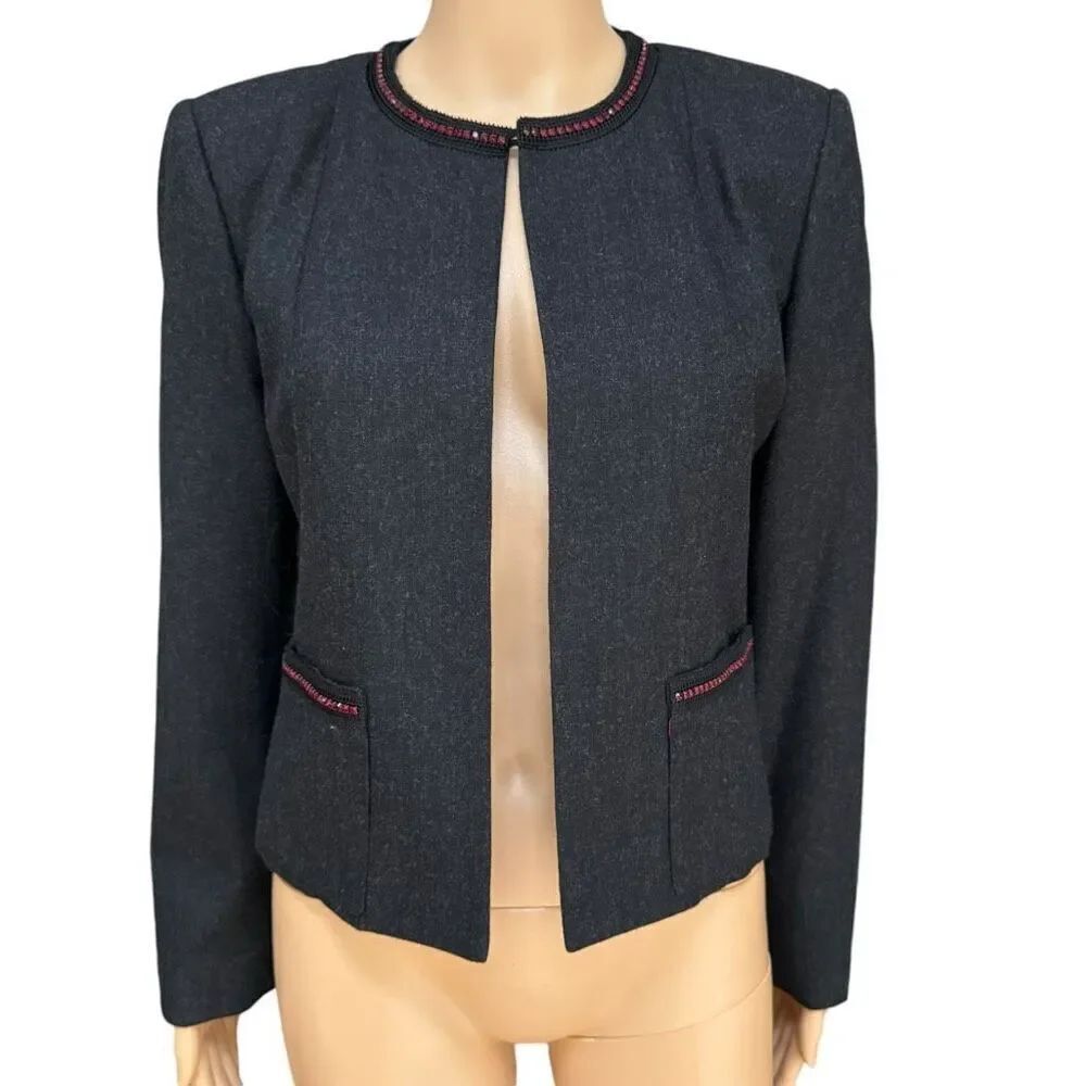 Harve Benard evening charcoal gray stretch wool pant suit Red Rhinestones size 4
